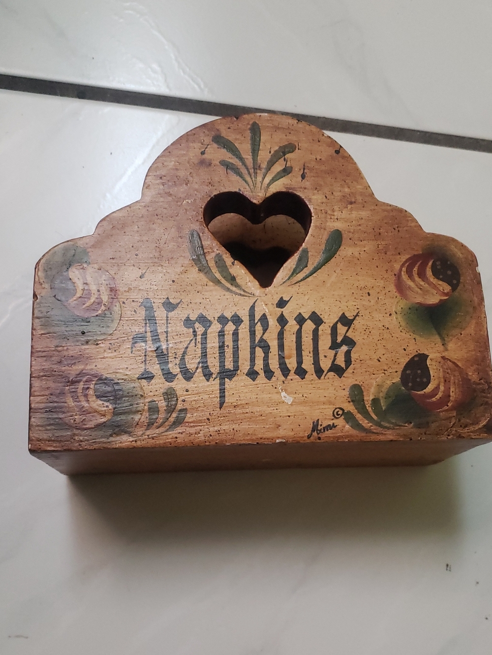 Vintage country hand crafted wood Napkin Holder, Floral design, heart in middle